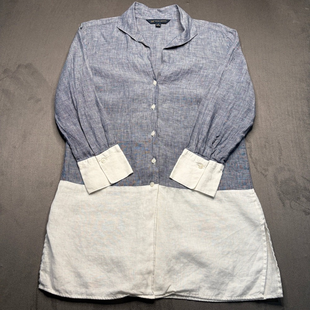 Brooks Brothers 346 Tunic Shirt Womens 0 Blue White Linen Colorblock Long Sleeve